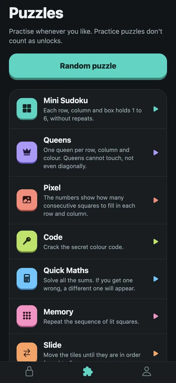 Seven puzzles, and you can practise them any time.